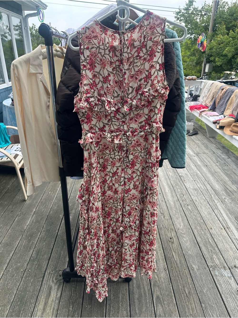 Sundance Sleeveless Floral Ruffle Midi Dress in Cream and Pink
